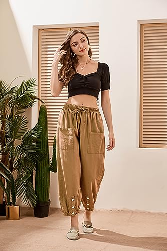 Women's High Waist Style Loose Pants Drawstring Capri Pants with Pockets Wide Leg Ankle Cropped Pants for Women3