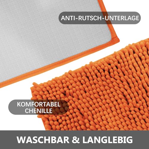 wyewye Chenille Badezimmer Set 3 Stück, Badteppich rutschfest Waschbar, Bequem und Weich Badvorleger Badezimmerteppich für Duschen, Badewannen, Toiletten, Orange Rot – Bild 8