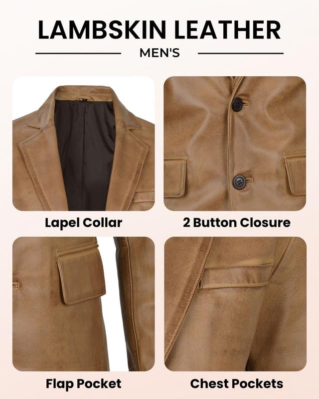 Image of Blingsoul Mens Leather Blazer Jacket - Real Lambskin Sport Coat with Notch Lapel Collar