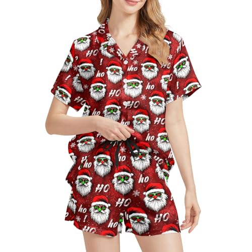 Image of Funny Satin Pajamas Set for Women Button Down Sleepwear Print Pjs Set 2 Piece Short Sleeve Loungewear Gift for Women