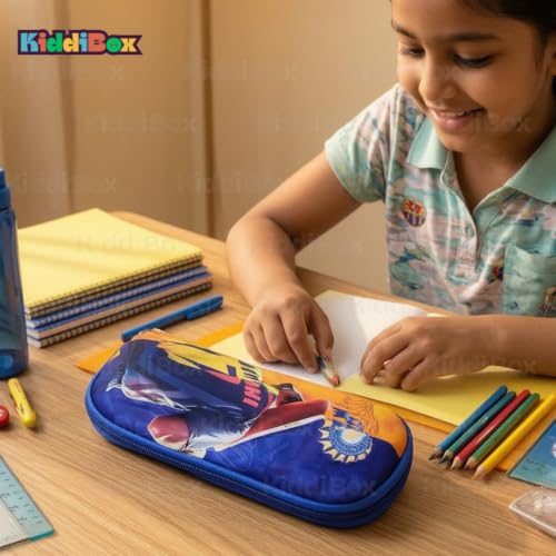Image of KiddiBox Dhoni Pencil Box for Girls and Boys | Stylish Pencil Case for School, Student, Pen Case Holder with Zipper Mesh Pocket, Hard Top Pencil Pouch for Kids, Stationary Pouch (Yellow & Blue)
