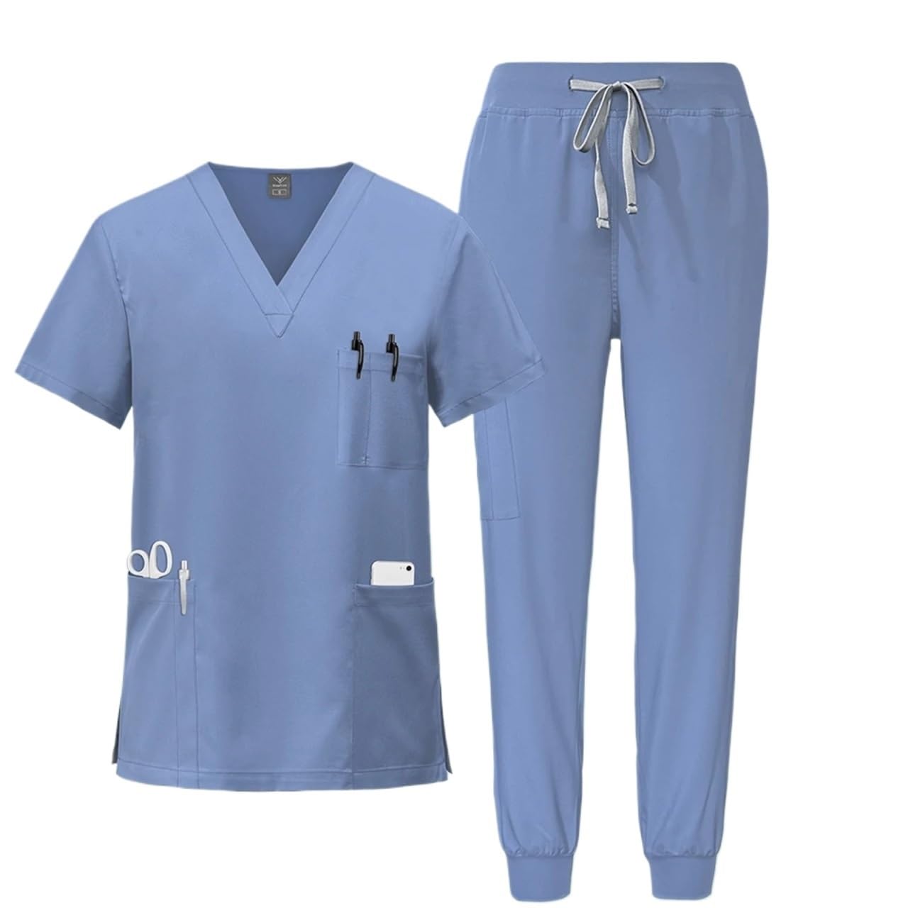 Uniforme Sanitario Unisex Uniformes médicos, Ropa de Trabajo enfermería, Camiseta con Cuello en V y Bolsillo, Pantalones Deportivos, Conjunto Uniforme quirúrgico clínico(Light Blue,L)