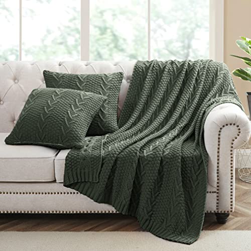 Aormenzy Knitted Throw Blanket (50" X 60") And 2 Pillow Covers (18" X 18"), 3 Piece Grayish Green Throw Blanket Set, Decorative Throw Blankets For Couch Sofa Bed Living Room #TOP2