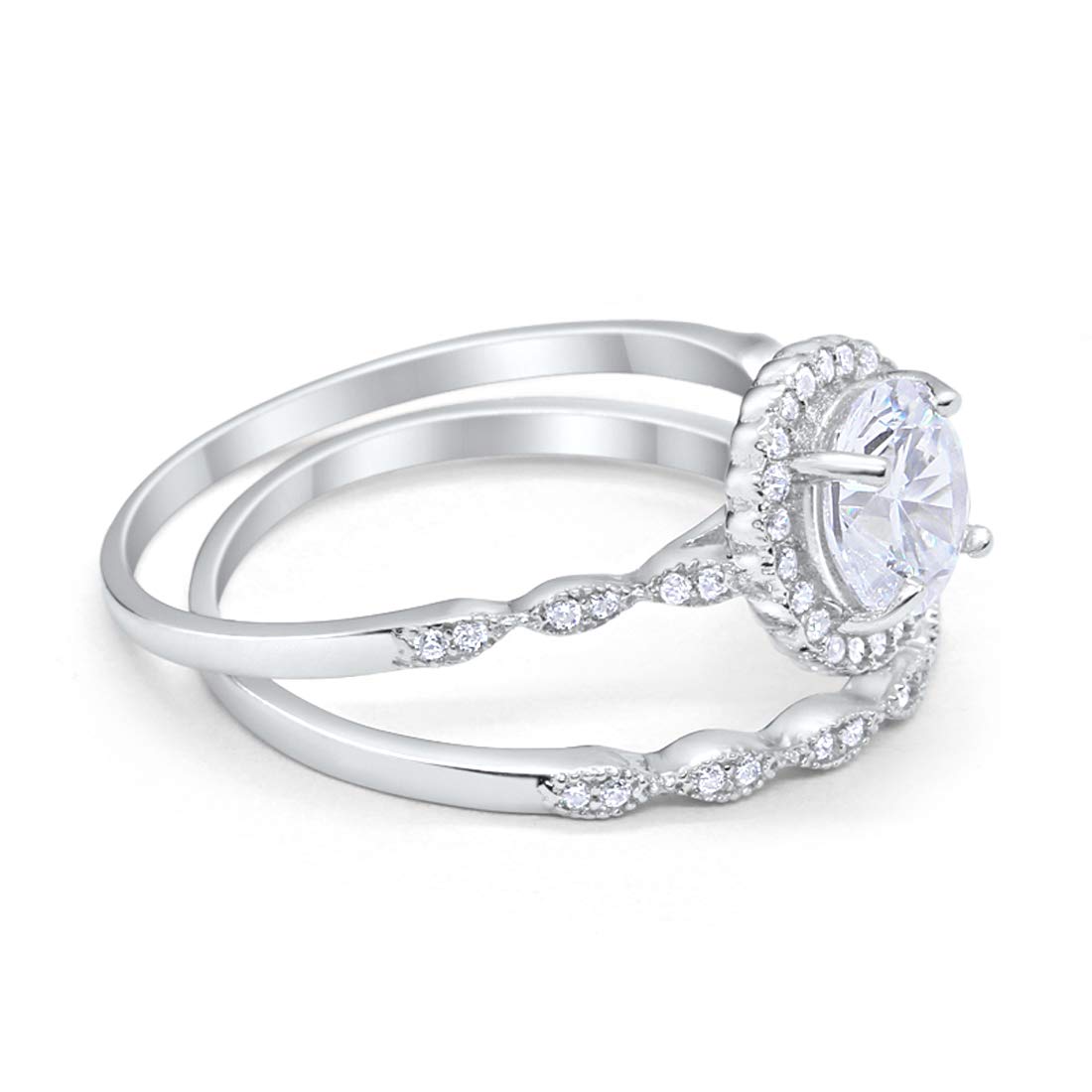 Blue Apple Co. - Anillo de compromiso de dos piezas con halo art déco, circonita cúbica de imitación redonda, plata de ley 925
