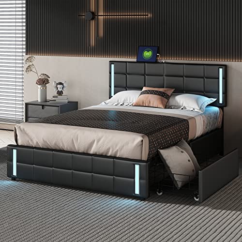 Queen-Size-Upholstered-Platform-Bed-with-4-Storage-Drawers-LED-Lights-and-USB-Charging-Faux-Leather-Queen-Bed-Frame-with-Headboard-and-Slat-Support-No-Box-Spring-Needed-Queen-Black