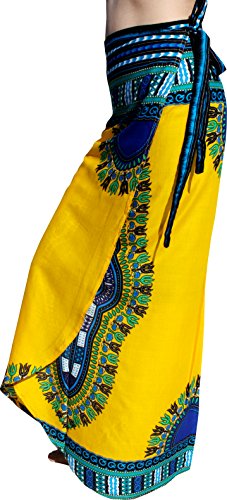 Full Funk Light Viscose Rayon Wrap Sarong Beach Skirt African Waterwoman Art, Medium, Curve Cut Dashiki Pattern A - Yellow
