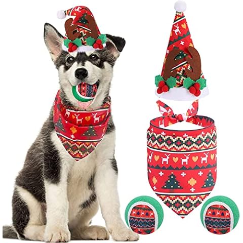 PAWCHIE Dog Christmas Costume -3 Pack, Dog Christmas Hat, Holiday Dog Bandanas and Dog Tennis, Triangle Reversible Scarves Bibs for Dogs, Elk Headwear Xmas Pet Outfit Dressing up Accessories Cover
