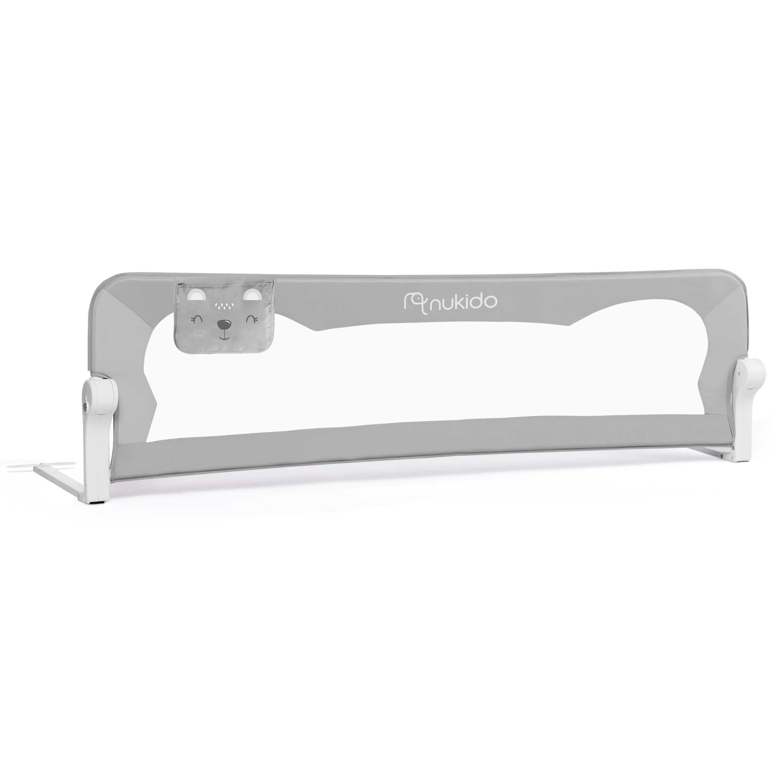 Nukido Barrière De Lit Bébé Anti-Chute 150 x 35 x 42 cm Barrière De Sécurité Pliable avec Système De Verrouillage Ceintures De Sécurité Poche Cadre Durable en Acier Gris