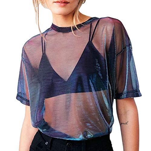 CERYIWER Womens See Through Shirts Short Sleeve Sexy Mesh Metallic Shiny Tops3