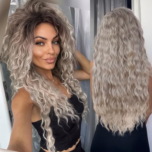 Image of GNIMEGIL 26 Inch Long Wavy Wigs for Women Ombre Grey Wig Synthetic Natural Curly Wig Fluffy Part Hairstyle for Daily Party Halloween Costume Cosplay Wigs with Hairpin