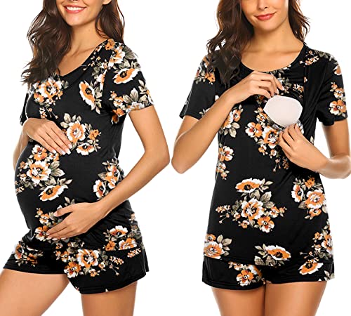 Image of Ekouaer Nursing Pajamas for Breast Feeding Double Layer Nursing PJ Maternity Pajama Set for Hospital Delivery Black Floral M
