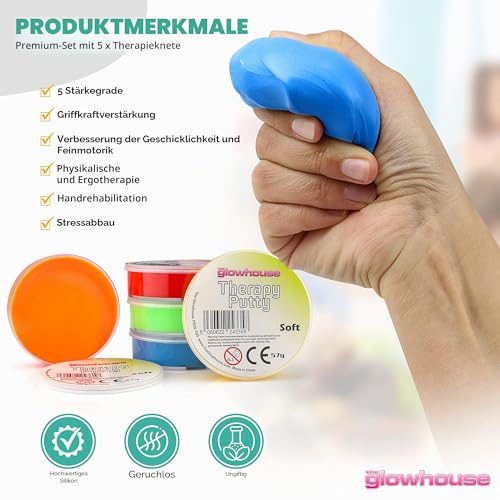 Therapeutische Knete, Premium-Set, 5 Stück, quetschbar, ungiftig, für Handübungen, Anti-Stress, 5 Stärken für Erwachsene und Kinder, 57 g, farbkodierte Behälter