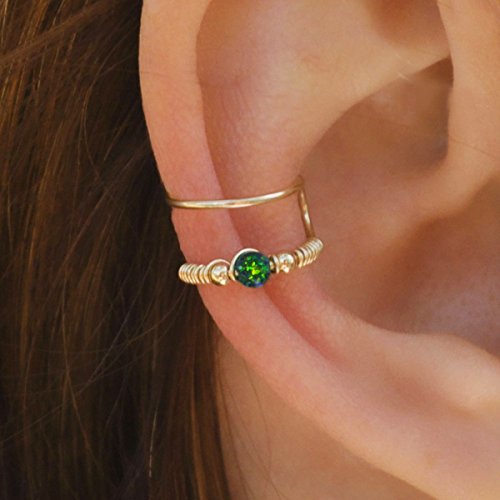 White/Light Blue Opal Ear Cuff/Fake Conch Piercing/Ear Cuff Wrap Earring/Clip On Earring/Faux Conch Ring/Handmade Jewelry Gold Filled (Dark Green Opal Right Ear, Gold-Filled) #TOP2