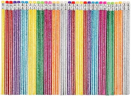Invero 32 Pack Unsharpened HB Glitter Sparkling Pencils - 16 Different Barrel Colours with Eraser Top for Arts & Crafts, School, Office, Party Bag Filler or General Home