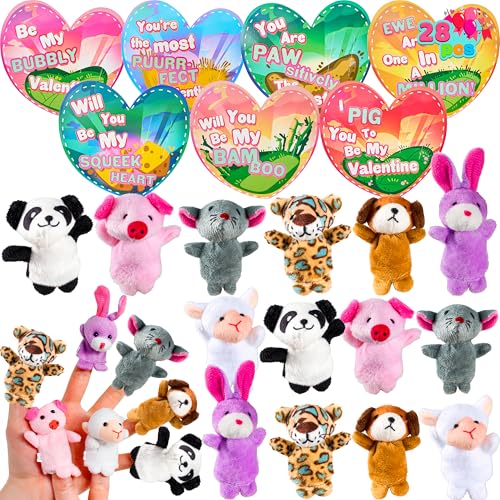 JOYIN 28 Packs Valentines Day Animal Finger puppet with Gift Cards Set for Kids, Party Favor, Classroom Exchange Prizes, Valentine’s Greeting Cards,...