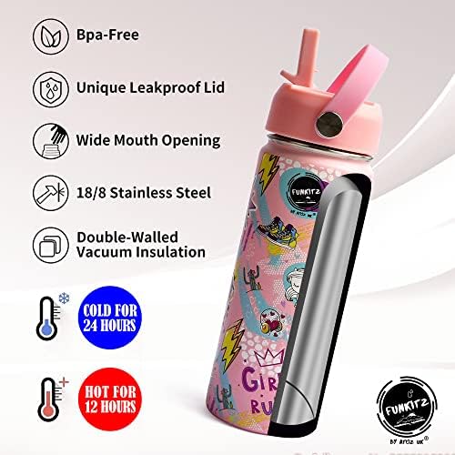 Kids Insulated Water Bottle with Straw - Stainless Steel Water Bottle - Kids Water Bottles for School - Stainless Steel Kids Water Bottle - Thermos Flask, 515ml Girls and Boys Bottle (Light Pink)