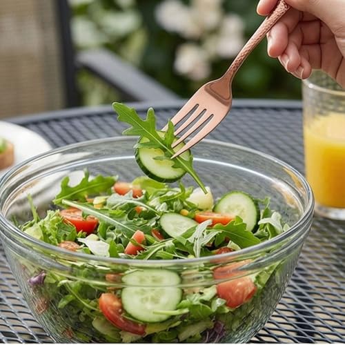 Image of 6.7 inch Rosegold Hammered Salad Forks | Set of 5 Durable Stainless Steel Fruit Forks | Mirror Polished Silverware for Home, Restaurants, and Gift Giving