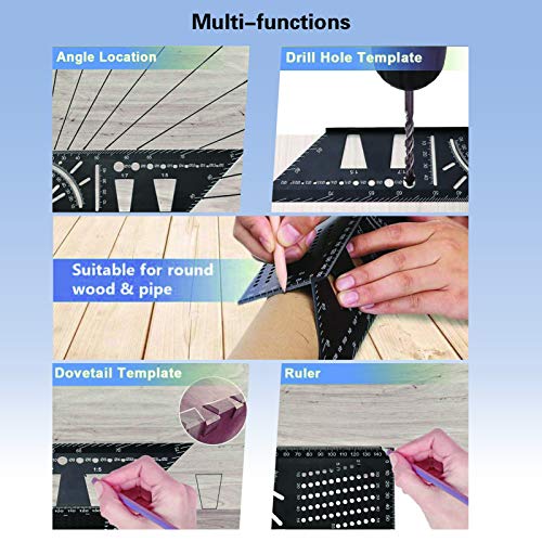 ZOTA 2PCS Woodworking Tools, 3D Mitre Angle Measuring Ruler-Aluminum Alloy Carpentry Tools -45/90 Degree Angle T Ruler with Punctuation Marking Gauge & Hole Scribing wood working gift for Men