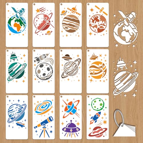 Image of GOMAKERER 12 Sheets Planet Stencil for Painting, Outer Space Solar System Rocket Telescope Drawing Stencil Reusable Astronomy Theme Stencils for Painting on Wood Furniture Canvas Home Decor