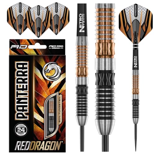 RED DRAGON Panterra 24 Gram Premium Tungsten Steeltip Darts Set including Flights and Stems, Black and Bronze, 24G