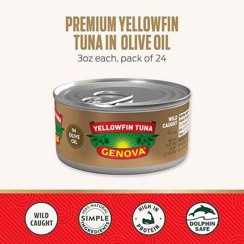 Image of Genova Premium Yellowfin Tuna in Olive Oil, 3 Ounce Cans (Pack of 24), Wild Caught Canned Tuna, Solid Light