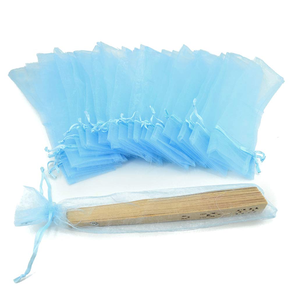 Bezall 50Pcs Organza Hand Fan Bags, 2x10 Inches Folding Fan Drawstring Mesh Organza Gift Pouch for Wedding Party Bridal Shower Favor Bags (Sky Blue)