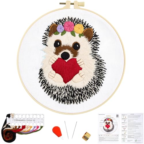 Image of Cute Hedgehog Embroidery Kits for Beginners Adults, Animals Embroidery Starter Kits, Counted Cross Stitch Kits for Beginners DIY Craft Kits for Adults Women, Embroidery Hoops, Thread & Video Tutorial