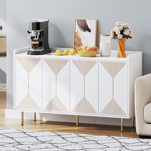 DWVO 55" Kitchen Storage Cabinet with Carved Design Door, Adjustable Shelves, Modern Sideboard Buffet Cabinet with Storage for Hallway, Kitchen or Living Room, White/Gold