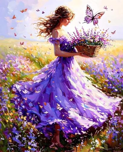 数字油絵 蝶 数字キットによる絵画 女性 Paint by Numbers DIYペイント 大人の 初心者 子供用 簡単に塗れる アクリル水彩絵の具 手芸 画材 手工芸 キット 3つのペイントブラシと1つのセットのアクリル顔料を使用 ホーム オフィス装飾
