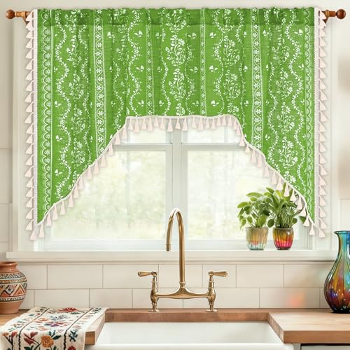 Image of Yinhua Boho Swag Valance Curtains Vintage Linen Valances for Windows Light Filtering Floral Kitchen Valance Rod Pocket Farmhouse Rustic Tassel Window Valances for Bathroom Cafe, 60 inch W x 36 inch L, Green