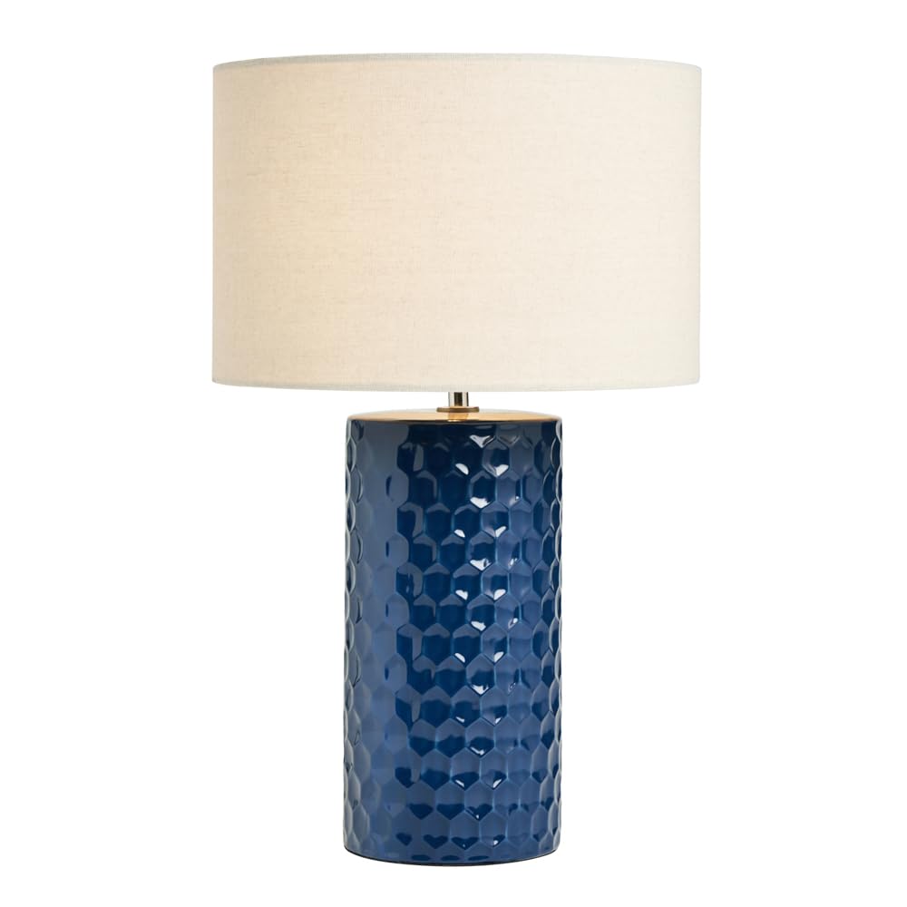 LITECRAFT Erin Embossed Ceramic Table Lamp with Drum Shade - Polished Chrome, Blue