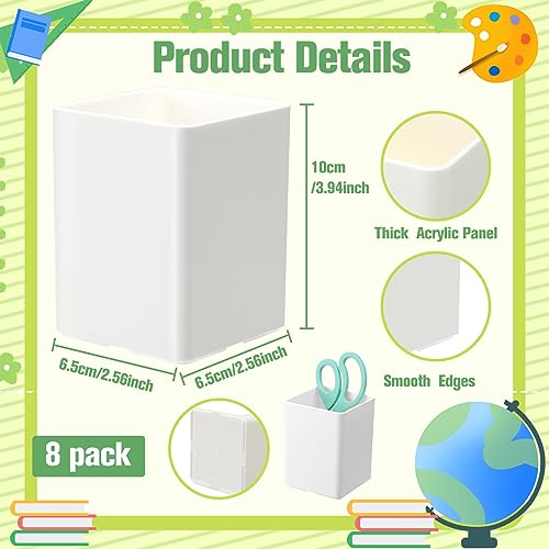 Image of Jutom 8 Pcs White Acrylic Pen Holder for Desk, Pencil Cup Bulk Makeup Brush Storage Organizer, Desktop Pencil Cup Stationery Desktop Stationery Organizer for Office School Home Supplies