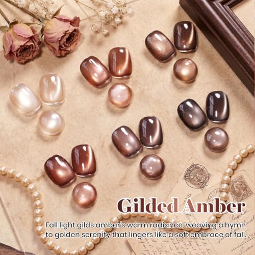Image of Beetles Brown Cat Eye Gel Nail Polish Set - Gilded Amber 6 Colors 15ML Full Size Glitter Gel Polish Kit Glass Cat Eye Magnetic Effect Soak Off UV Nail Art Salon DIY at Home Fall Winter Nails
