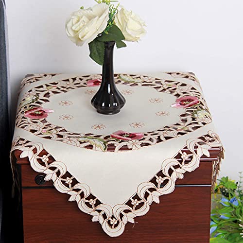 Lelehome TABLECLOTH-STYLE5 57 Inch Square Flower Embroidered Tablecloth Vintage Tassel Floral Beige Table Cloth thumb #1