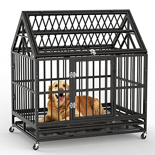 RULI Large Dog Cage with Roof, 41'' Heavy Duty Dog Crate and Kennels for Large Dogs Indoor Outdoor with Double Doors, Locks and Lockable Wheels, Black
