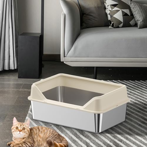 Bac à litière pour chat ouvert beige semi-fermé 50cm avec rebord anti-projections - 4