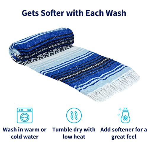 La Montana Mexican Blankets And Throws, 10 Pack, 74" X 50" Thick Yoga Blankets For Meditation, Soft Outdoor Blanket For Camping, Beach, Or Picnic, Machine-Washable, Cobalt Blue/Light Blue/White #TOP2