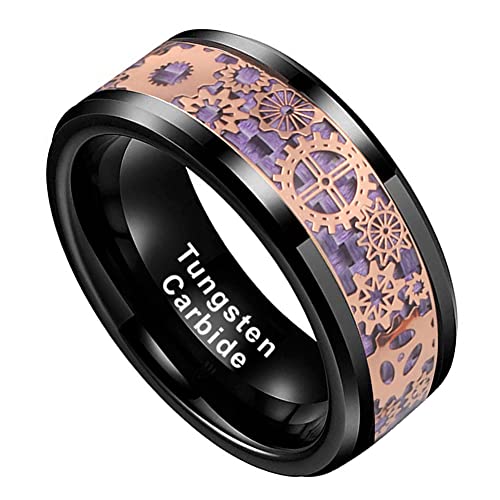 BestTungsten 8mm Black Tungsten Rings for Men Women Wedding Bands Purple Carbon Fiber Steampunk Gear Wheel Inlay Beveled Edges Comfort Fit