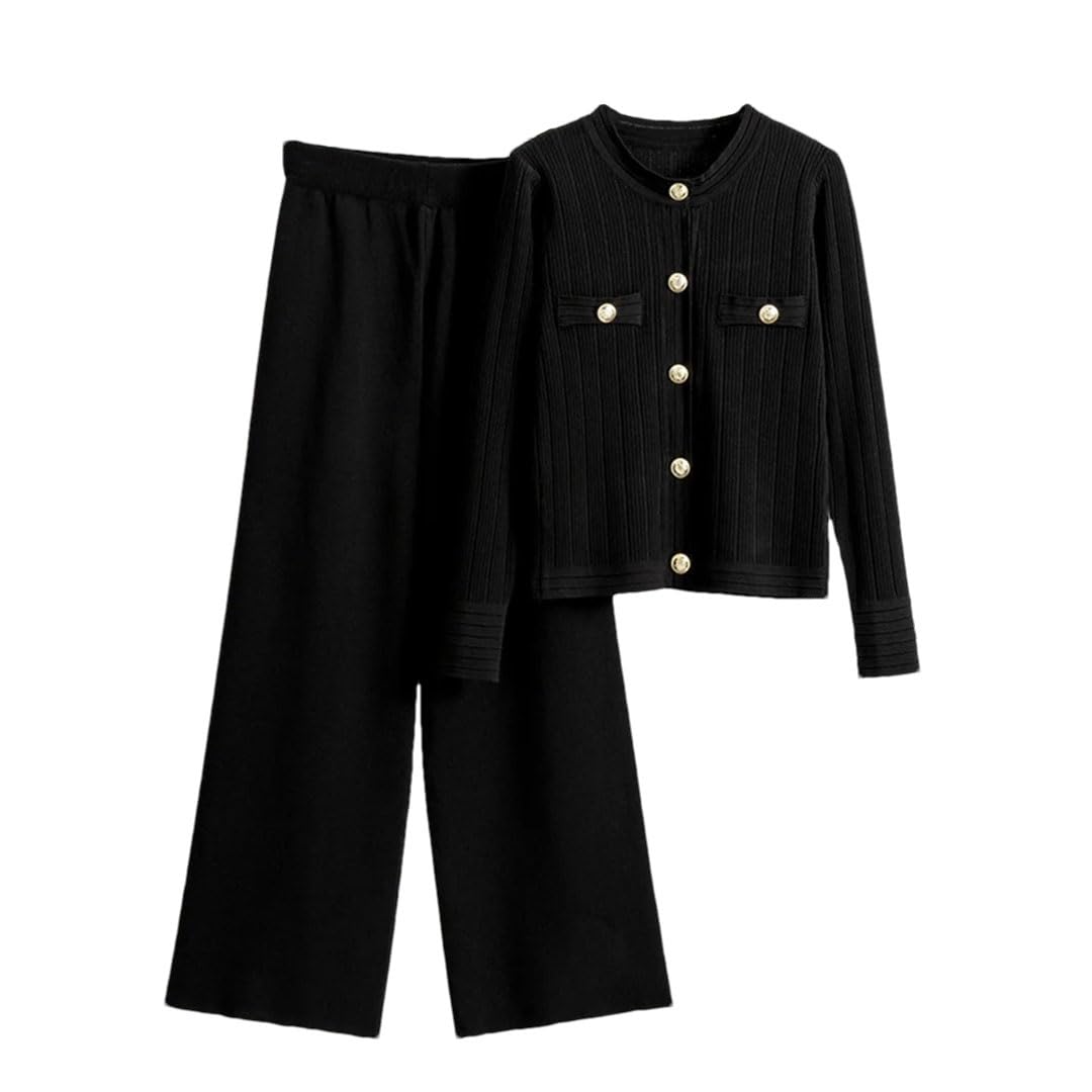 Donne O Collo A Maglia Due Pezzi Set Femminile Maglia Cardigan Top e Gamba Larga Pantaloni Tute