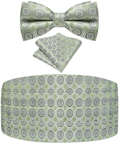 Image of Paisley Floral Tuxedo Cummerbund Bow Tie Pocket Square Set for Men | 3-piece set:cummerbund,bow tie&pocket square.Adjustable back for comfort.Silk blend,wedding,proms,black tie&formal events.