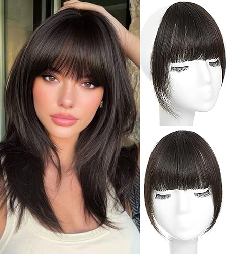 MYMYDA Clip in Bangs Natural Brown Black Color 100% Real Human Hair Wispy Clip on Bangs Extensions Fringe with Temples Hairpieces for Women