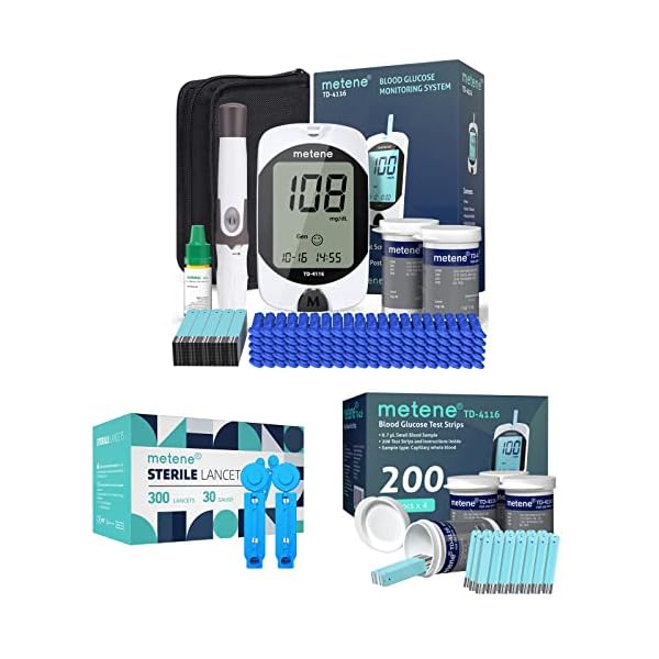 Metene-TD-4116-Blood-Glucose-Monitor-Kit-300-Glucometer-Strips-400-Lancets-1-Blood-Sugar-Monitor-1-Lancing-Device-Diabetes-Testing-Kit-Coding-free-Meter-Large-Display