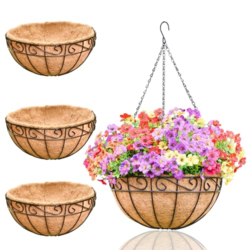 Hanging Planters for Outdoor Plants 4 Pack 14 inch Metal Hanging Flower Basket with Coco Coir Liner Wire Plant Holder Watering Flower Baskets Pot Hanger Garden Decoration for Indoor Outdoor(HBL)