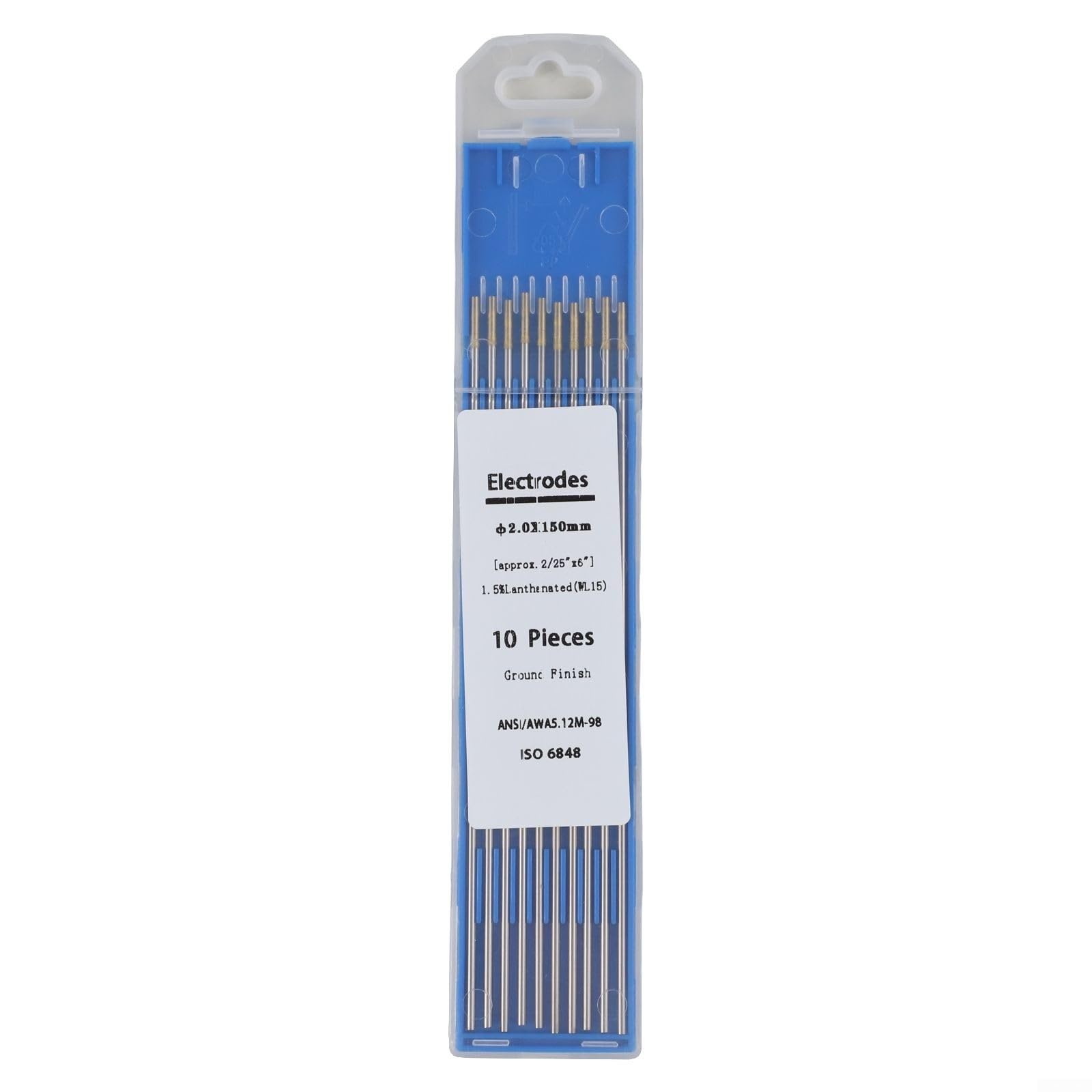 10 elettrodi WL15 Lanthan TIG, 1,6 mm x 150 mm, per leghe di acciaio al carbonio, in scatola di plastica (2,0 mm x 150 mm)