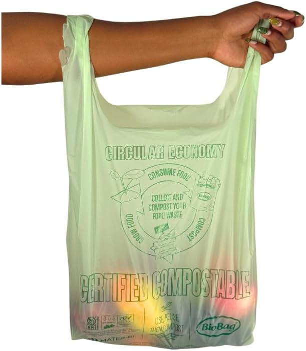 BioBag (USA) 100% Certified Compostable Shopping Bags, 20 lb Capacity, 10 Gallon 500 Count, Large Size Shopper, Great for On The Go, Farmers Markets, Grocery Stores, Restaurants