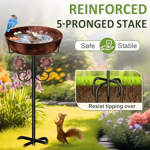 Image of 3 inch Deep Metal Bird Bath for Outside, Removable 12 inch Dia Vintage Bird Baths Bowl for Outdoors with Stable 5-Prong Stake, 37 inch H Freestanding Birdbath for Garden Patio Yard Lawn (Brush Bronze)