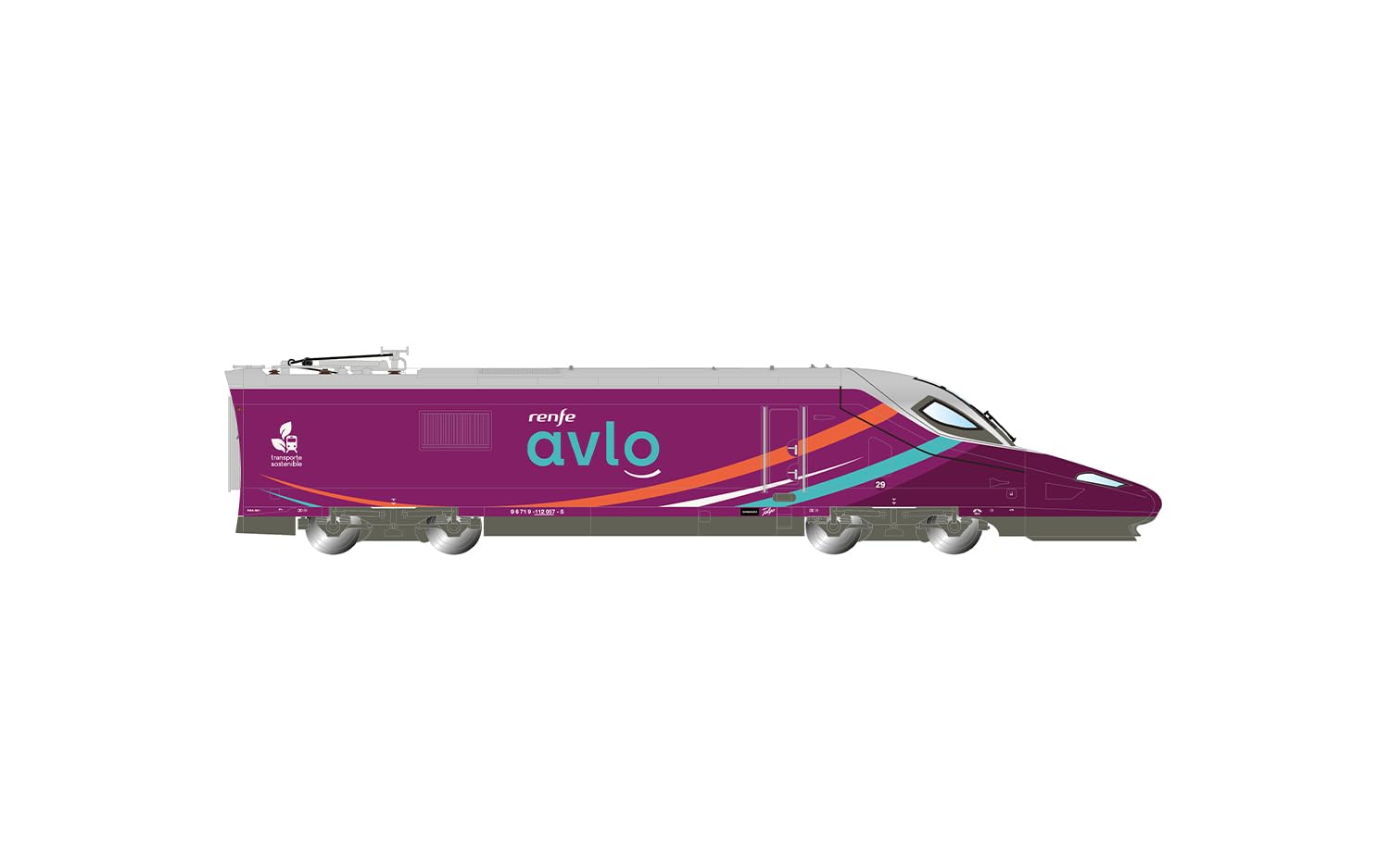 Electrotren HE2031 RENFE, pociąg dużych prędkości „AVLO”, zestaw główny składający się z 5 członów, fioletowe malowanie, odcinek VI Kolej 1 x Lokomotywa elektryczna