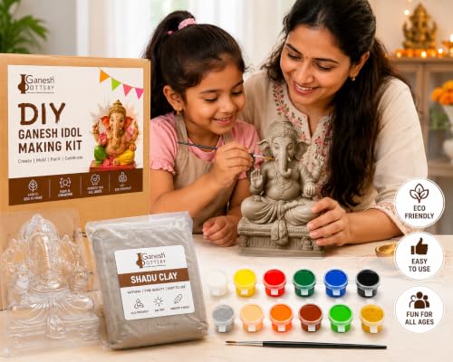Image of DIY Ganesha Making Kit | Shadu Clay Idol Making Kit with Reusable PET Mould, 12 Paint Colours & Brush | Eco-Friendly Ganesh Chaturthi Craft