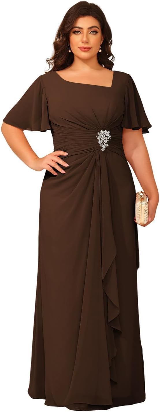Women's Chiffon Mother of The Bride Dresses with Sleeves V Neck Wedding Guest Dress Ruffled Aline Formal Evening Gowns