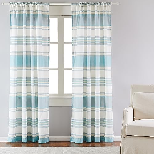 Levtex Home - Blue Maui - Window Panel with Rod Pocket - One Curtain Panel 84 inch Length - Classic Stripe - Blue, Grey, Taupe - 100% Cotton - Lined